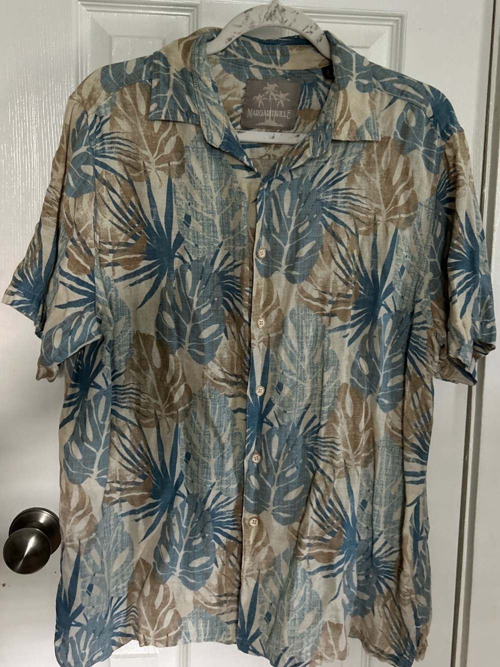 Margaritaville Blue & Brown Tropical Leaf Short-Sleeve Button-Up